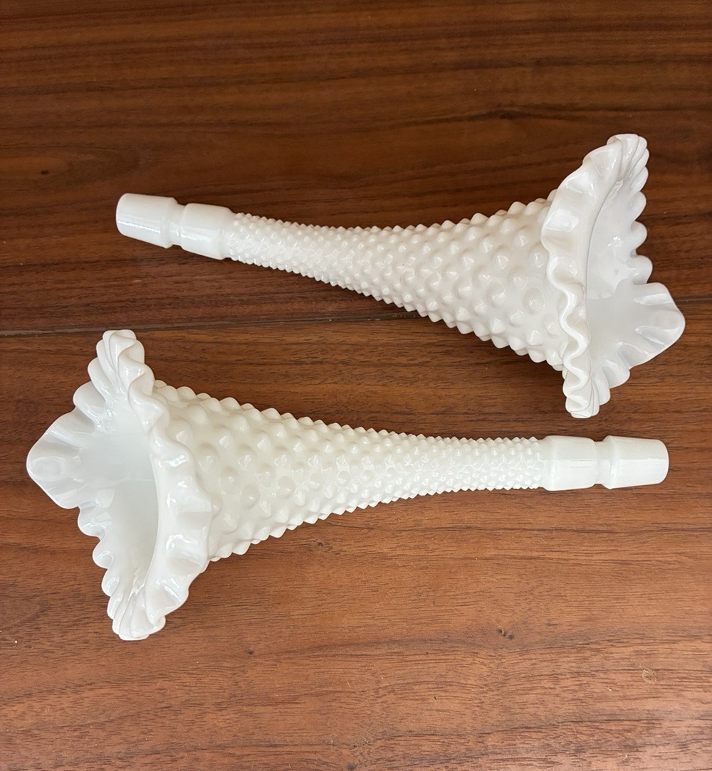 Fenton Hobnail Ruffle White Milk Glass Epergne Horn Trumpets Lilies Set of 2